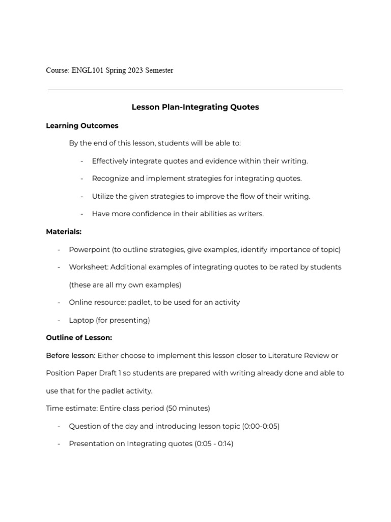 Integrating Quotes Lesson Plan | PDF | Lesson Plan | Learning