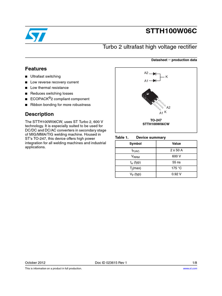 STTH 100 W 06 C | PDF | Diode | Rectifier