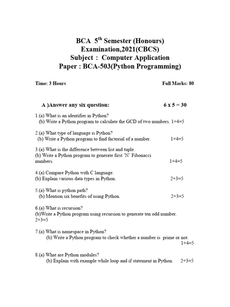 Bca 5 semester honours examination 2021 cbcs subject computer