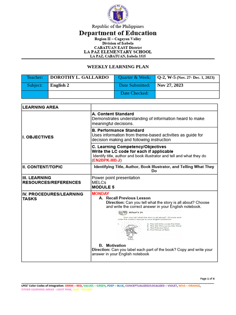 Weekly Learning Plan for English 2 | PDF | Learning | Cognition