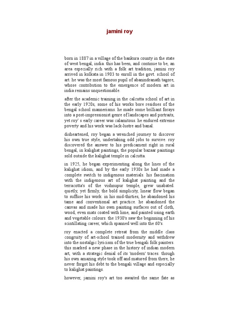 Jamini Roy A Short Biography Plastic Arts Paintings