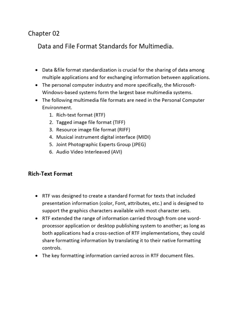 Data and file format standards for multimedia pdf