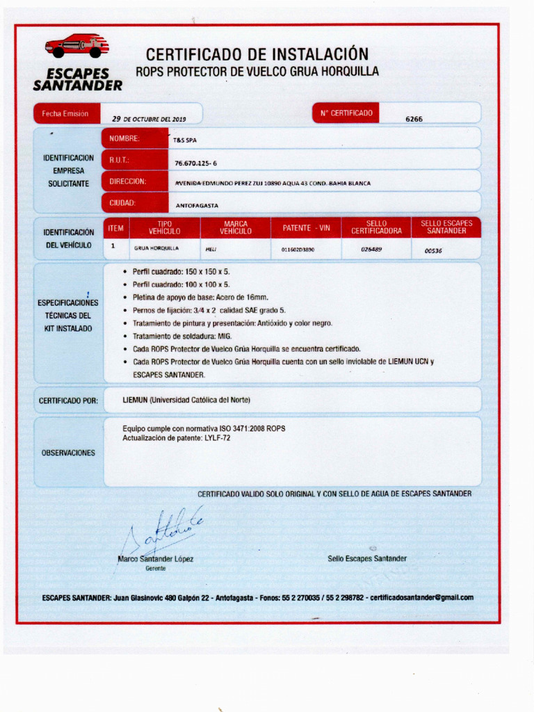 8. Certificado ROPS (Antivuelco) LYLF-72 | PDF