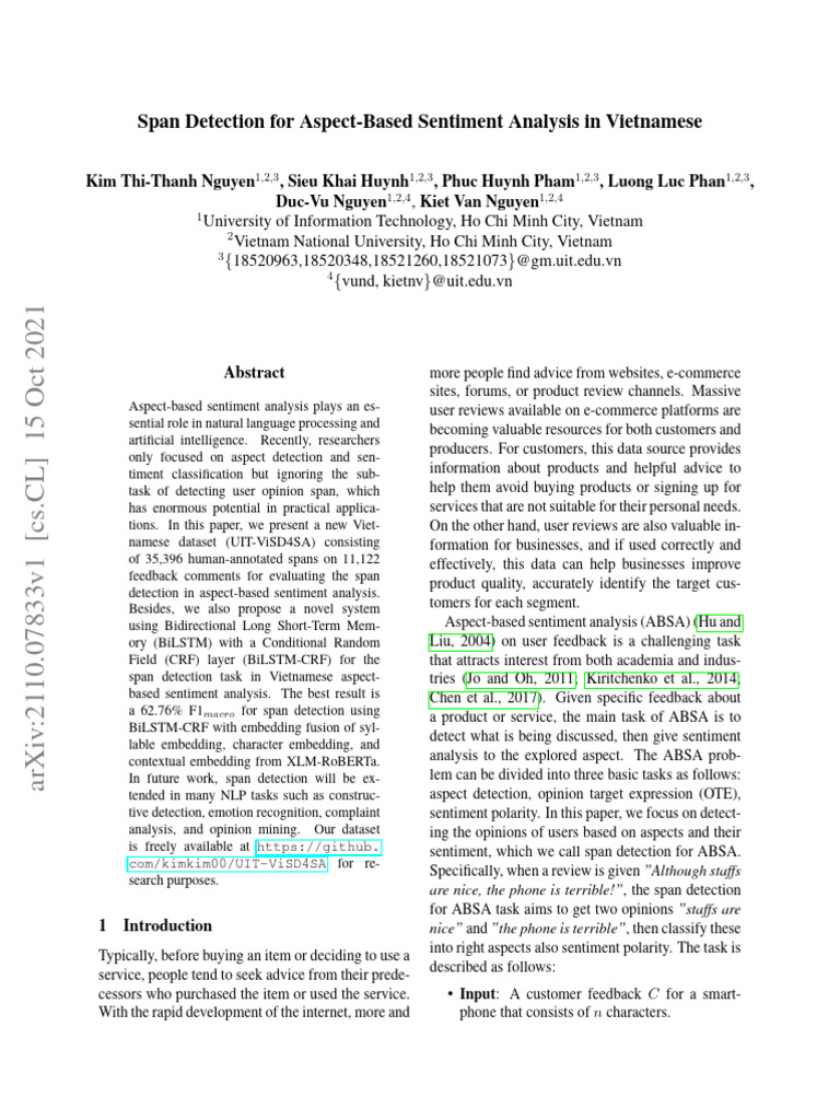 Span Detection For Aspect-Based Sentiment Analysis in Vietnamese | PDF ...