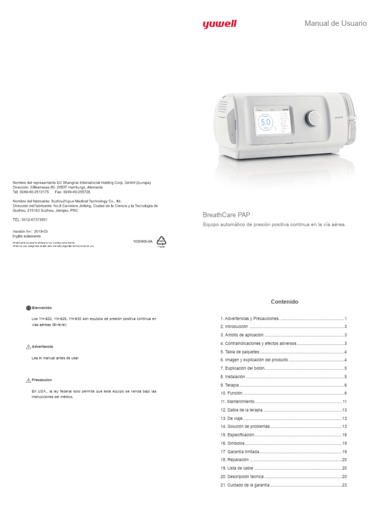 Manual de Usuario Yuwell Bipap YH-830 | PDF | Agua | Tanques