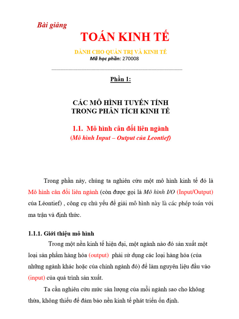 Bài giảng Toán kinh tế dành cho quản trị - phan 1 (Mô hình TT) | PDF