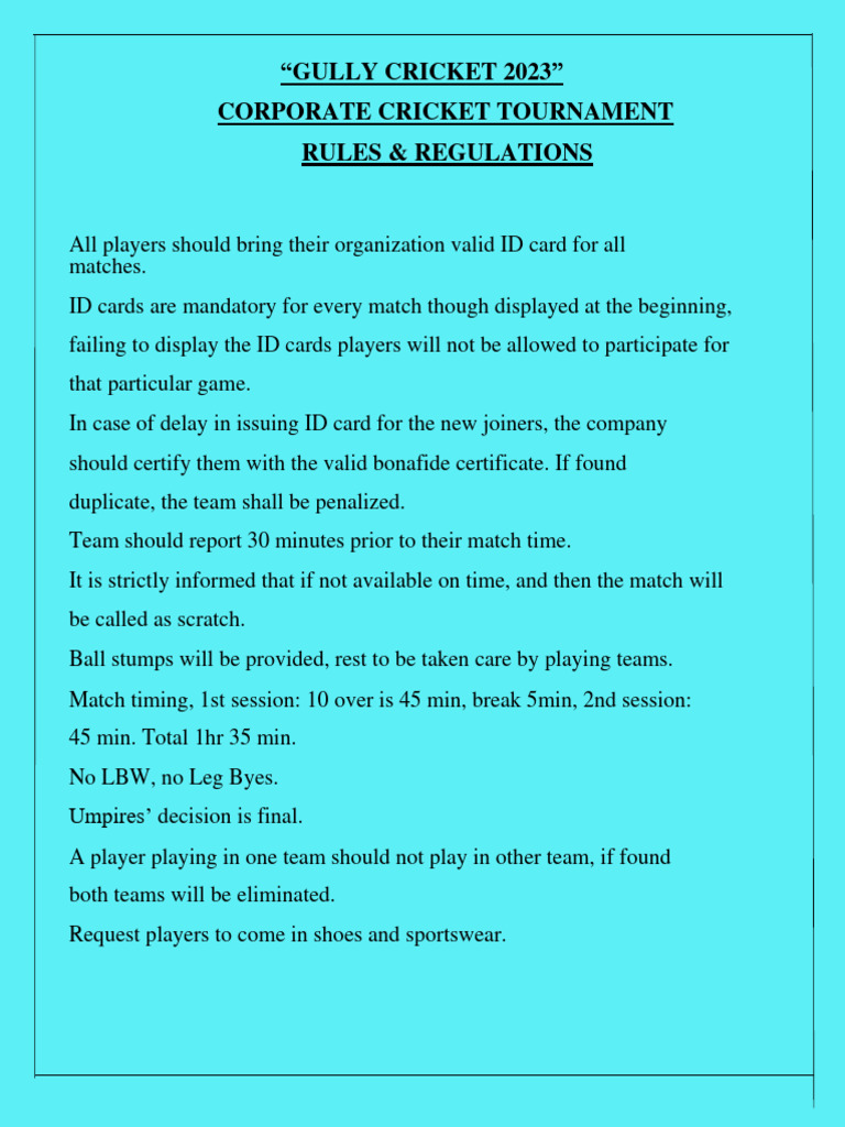 Gully Cricket 2023 Tournament Rules | PDF | Cricket | Bowling (Cricket)