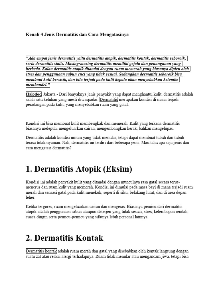 Kenali 4 Jenis Dermatitis Dan Cara Mengatasinya | PDF