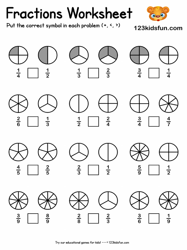 Compare fractions math worksheets for kids pdf