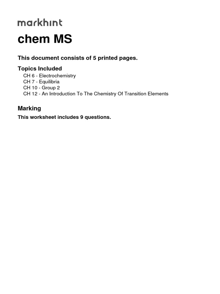 Chemistry Worksheet: Electrochemistry & Equilibria | PDF | Computers
