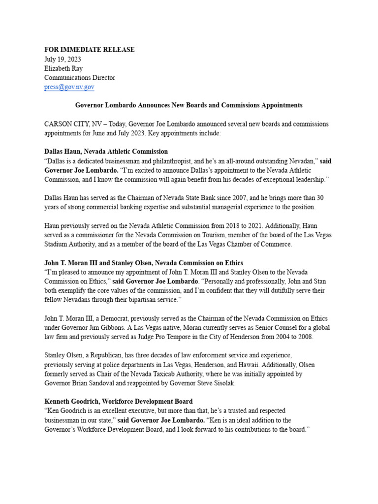 Governor Lombardo Announces New Boards and Commissions Appointments