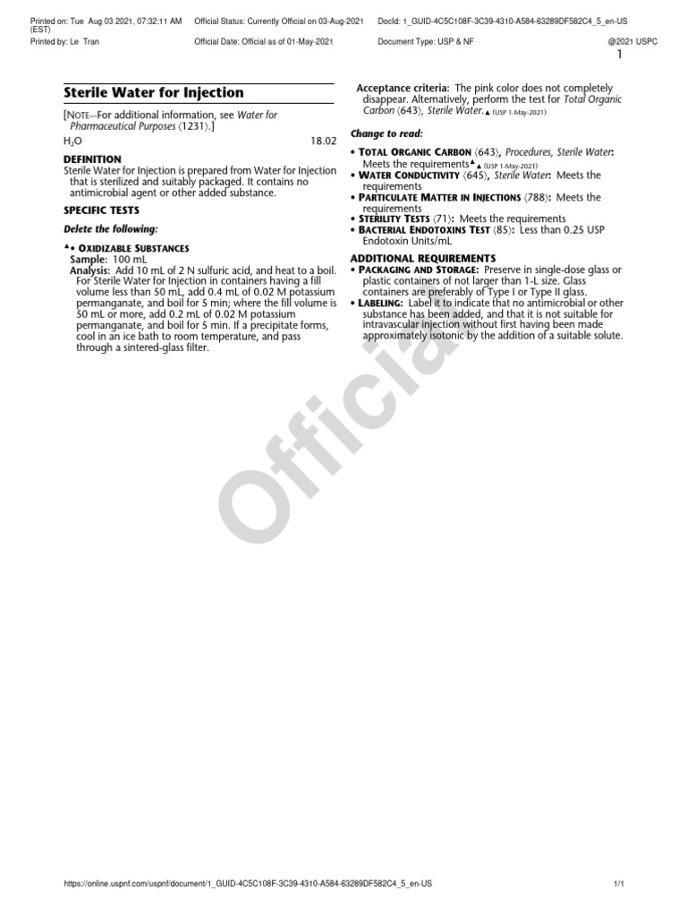 Sterile Water for Injection PDF Water Chemical Substances