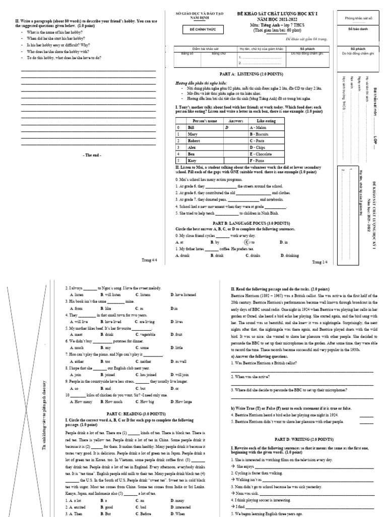 Final Term 1 Test - Grade 7 - Global Success | PDF