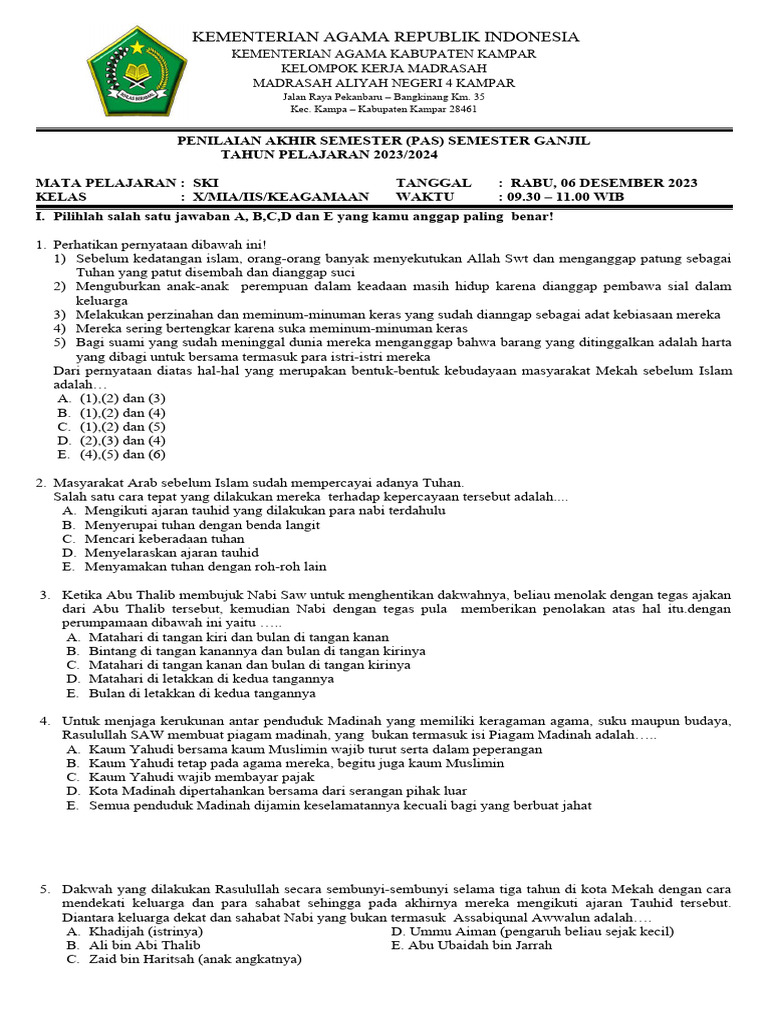 Soal Ski X Ganjil 2023 Pdf