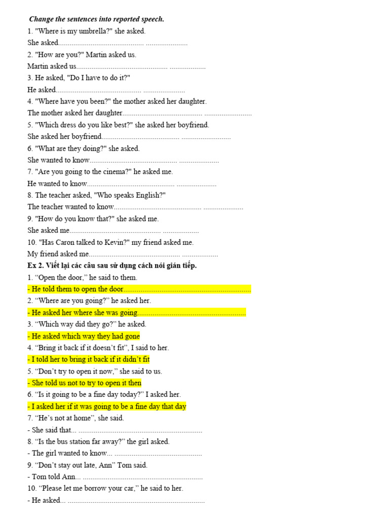 Change The Sentences Into Reported Speech | PDF | Home & Garden