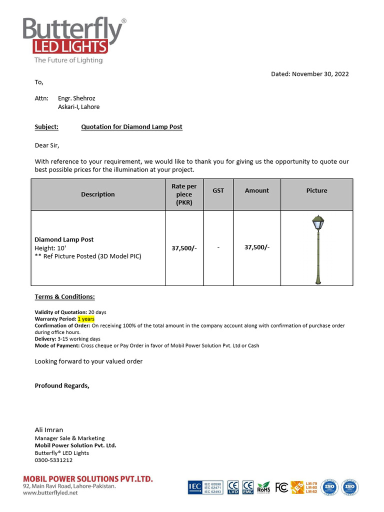 Quotation For Diamond Lamp Post Askari I Lahore PDF