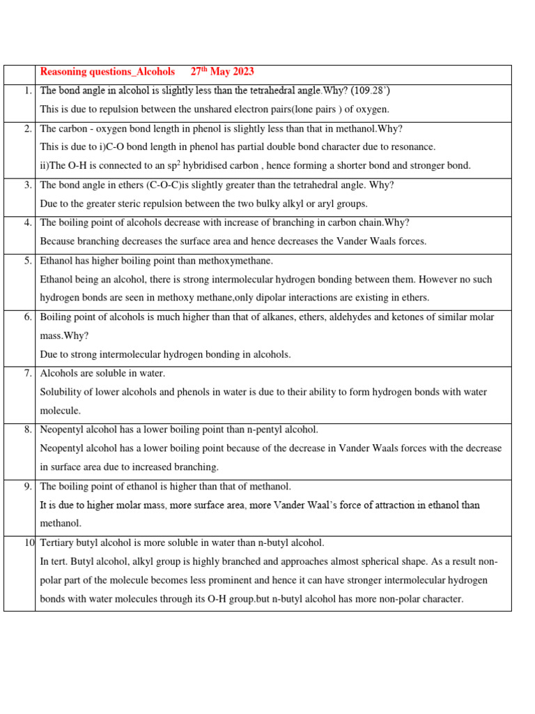 Alcohols Reasoning Qns Pdf Ether Acid