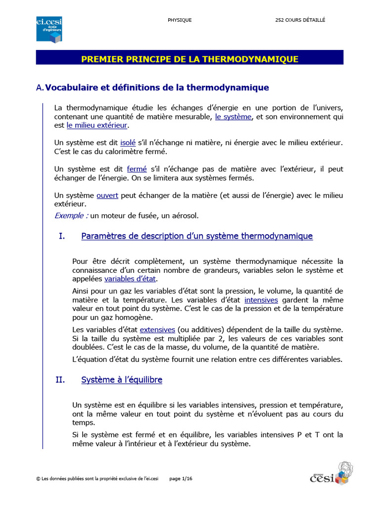 Premier Principe de la Thermodynamique | PDF | Thermodynamique ...