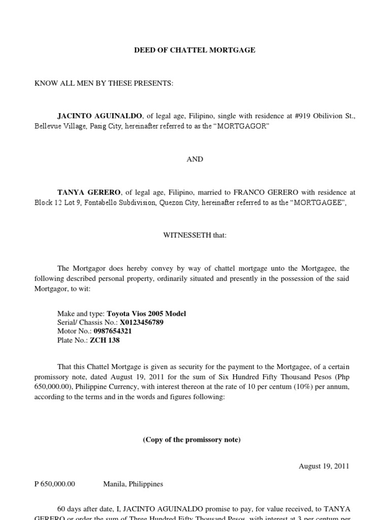 Deed of Chattel Mortgage Mortgage Law Real Estate Law