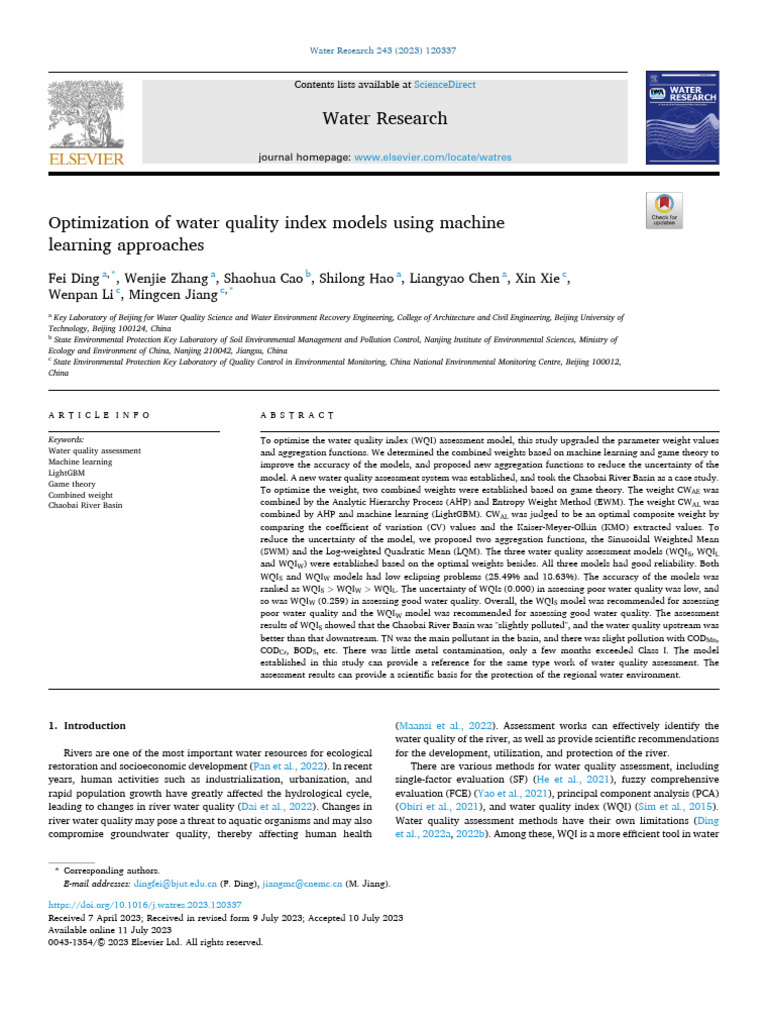 Machine Learning Water Quality PDF Water Quality Machine Learning