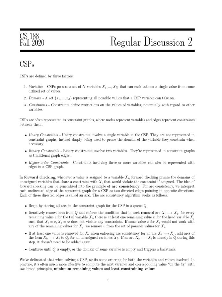 Regular Discussion 2 CS 188 Fall 2020 Csps PDF