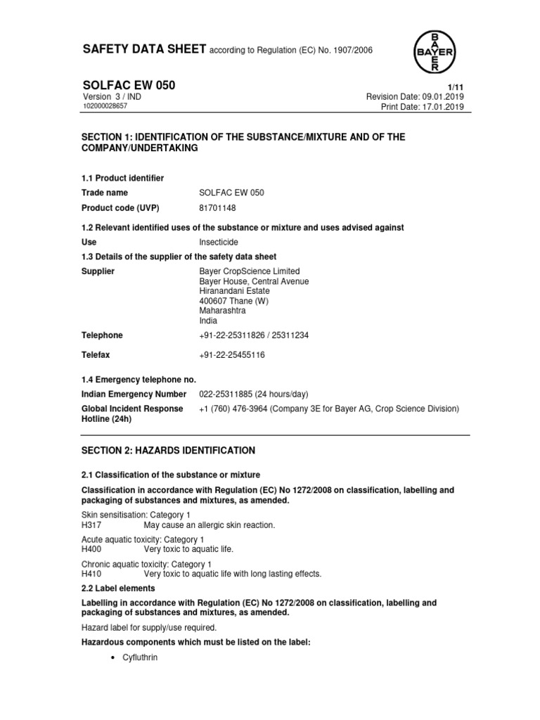Solfac 050 EW - MSDS Ind | PDF | Dangerous Goods | Toxicity