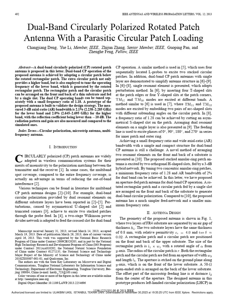 Dual-Band Circularly Polarized Rotated Patch Antenna With A Parasitic ...