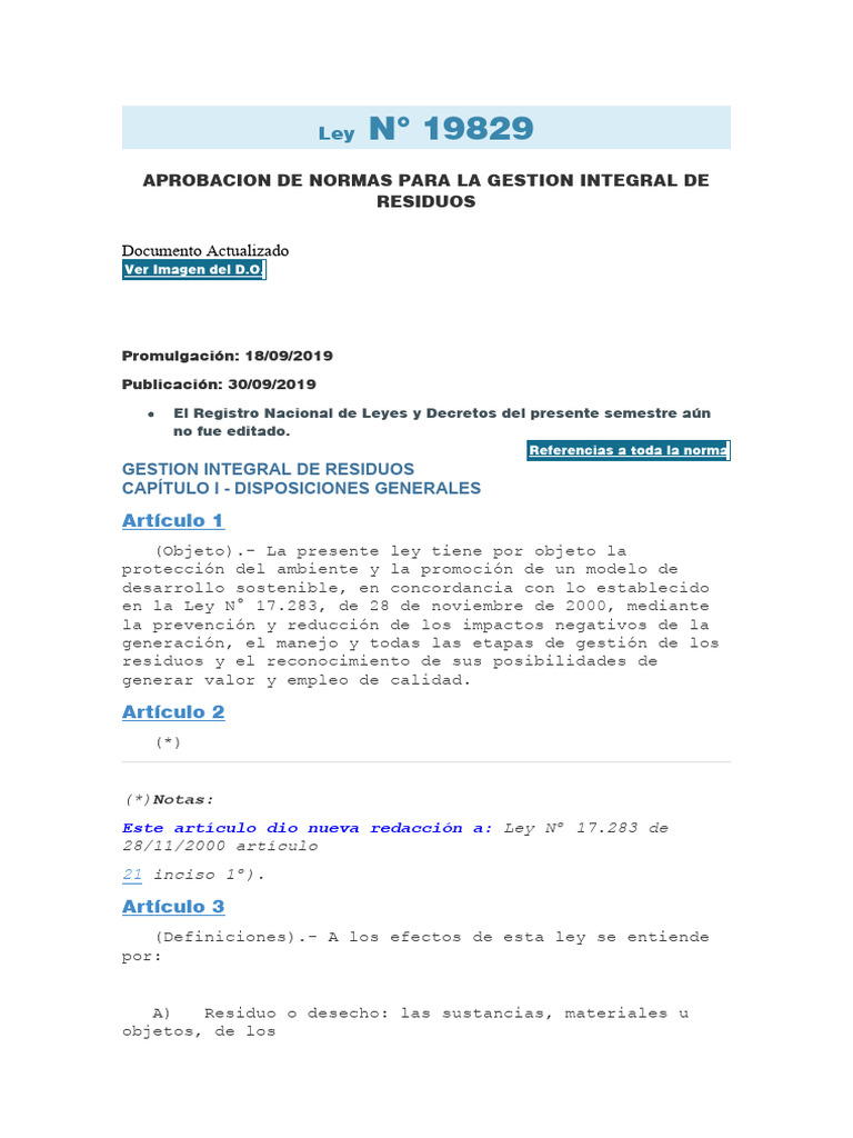 Ley 19829: Gestión Integral de Residuos | PDF | Residuos | Reciclaje