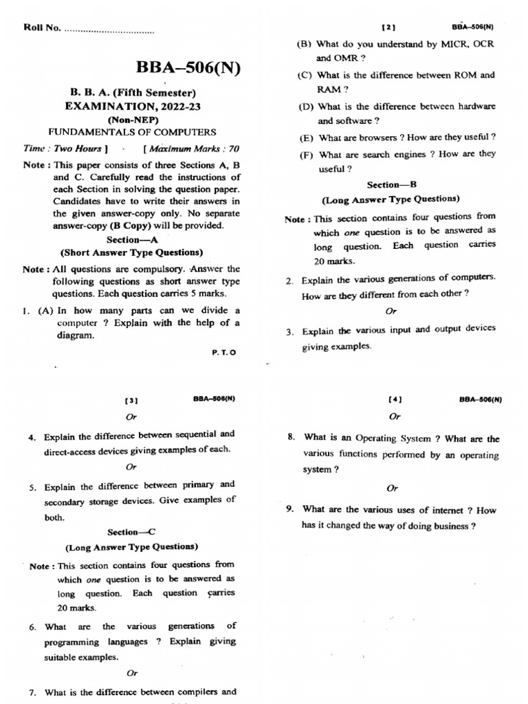 Bba 5 Sem Fundamentals of Computers Bba 506 N 2023 | PDF