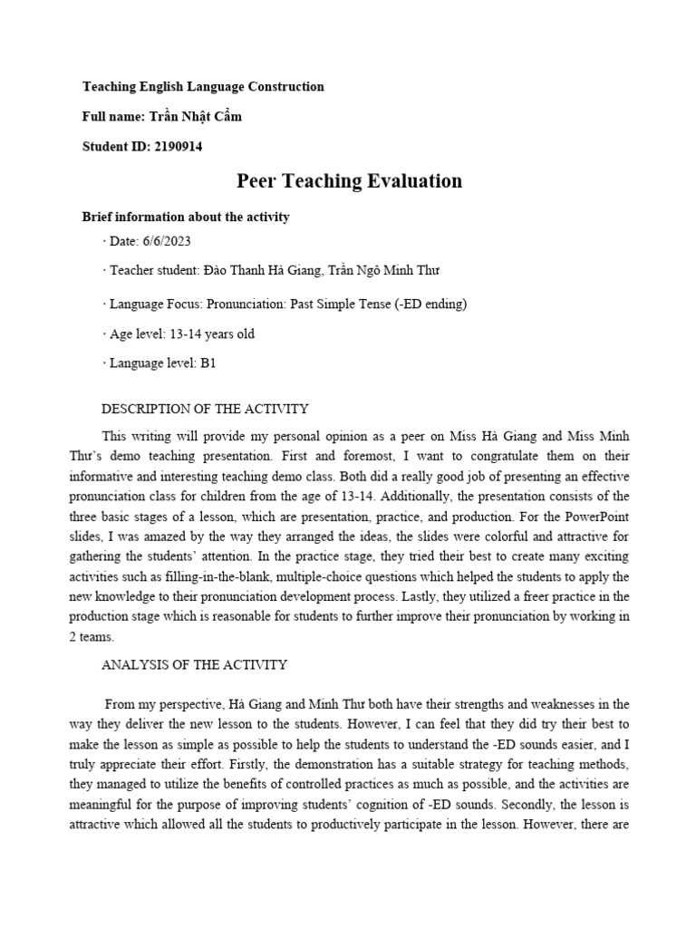 Peer Evaluation of English Teaching Demo | PDF | Teaching Method ...