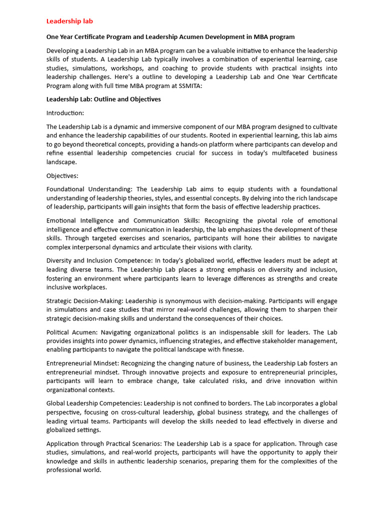 Leadership Lab One Year Certificate Program Pdf Leadership