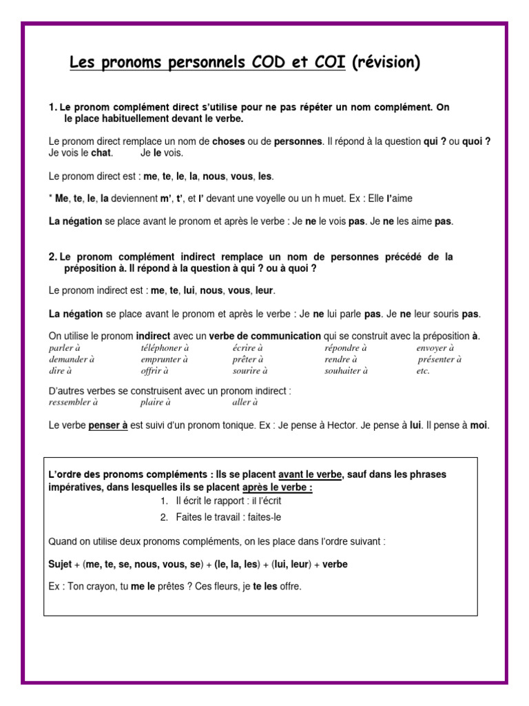 Pronoms COD et COI : Guide de révision | PDF