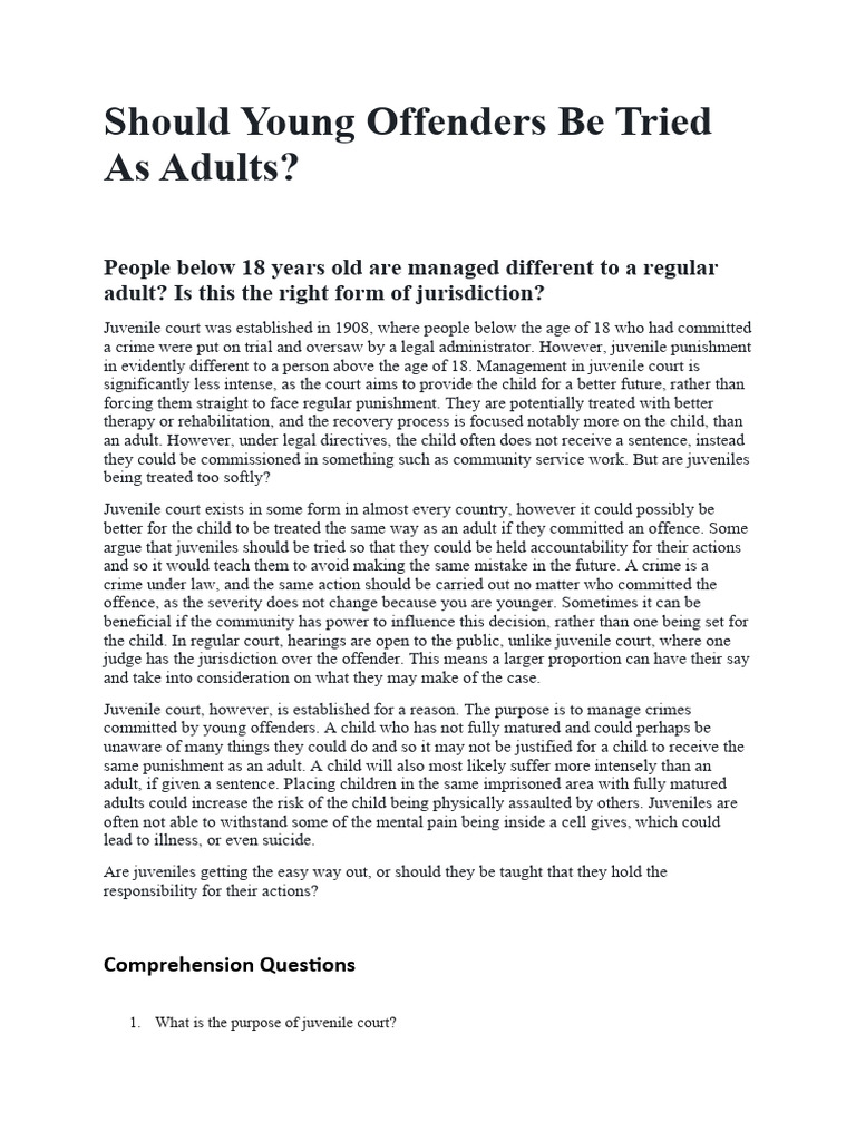 Should Young Offenders Be Tried as Adults PDF Juvenile Delinquency