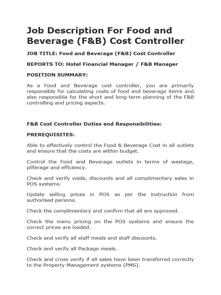2.job Description For Cost Controller F&B | PDF