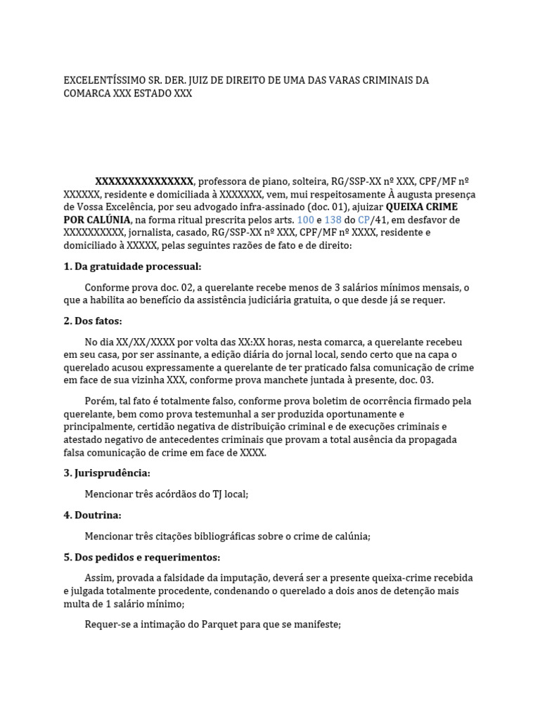 Queixa Crime por Calúnia: Modelo Jurídico | PDF | Direito