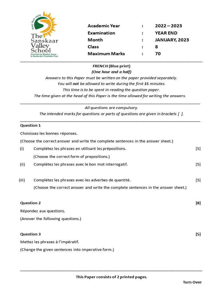 Grade 8 French Exam Paper 2023 | PDF | Language Arts & Discipline