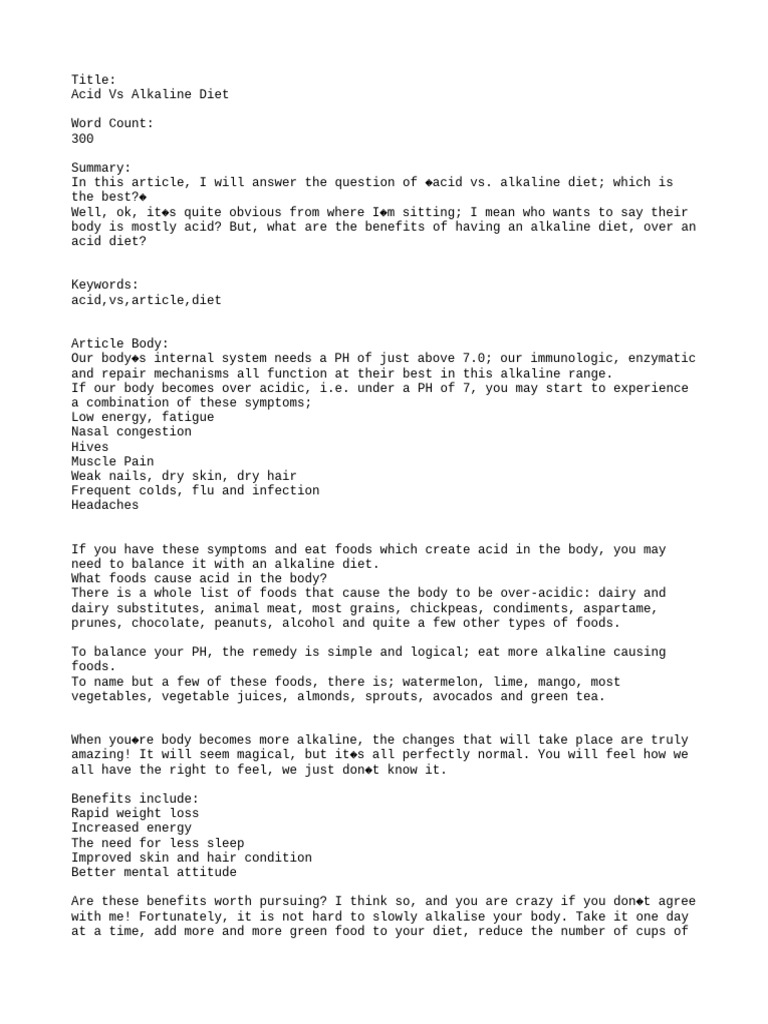 Acid Vs Alkaline Diet PDF