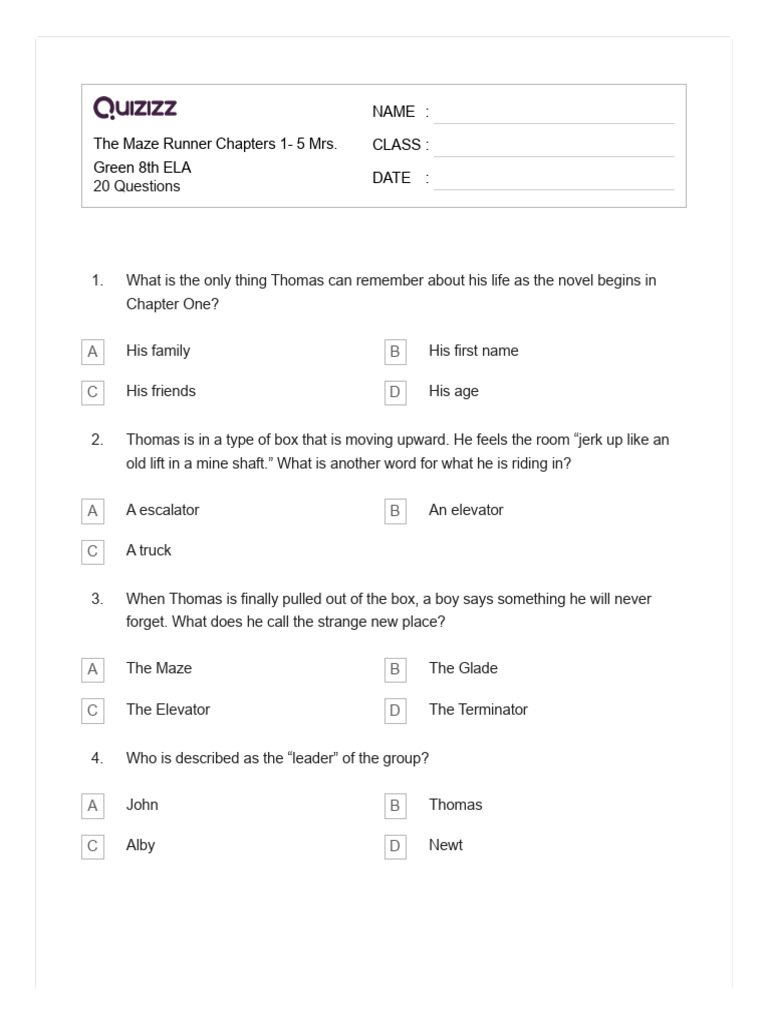 The Maze Runner Chapters 1 5 Mrs. Green 8th ELA PDF