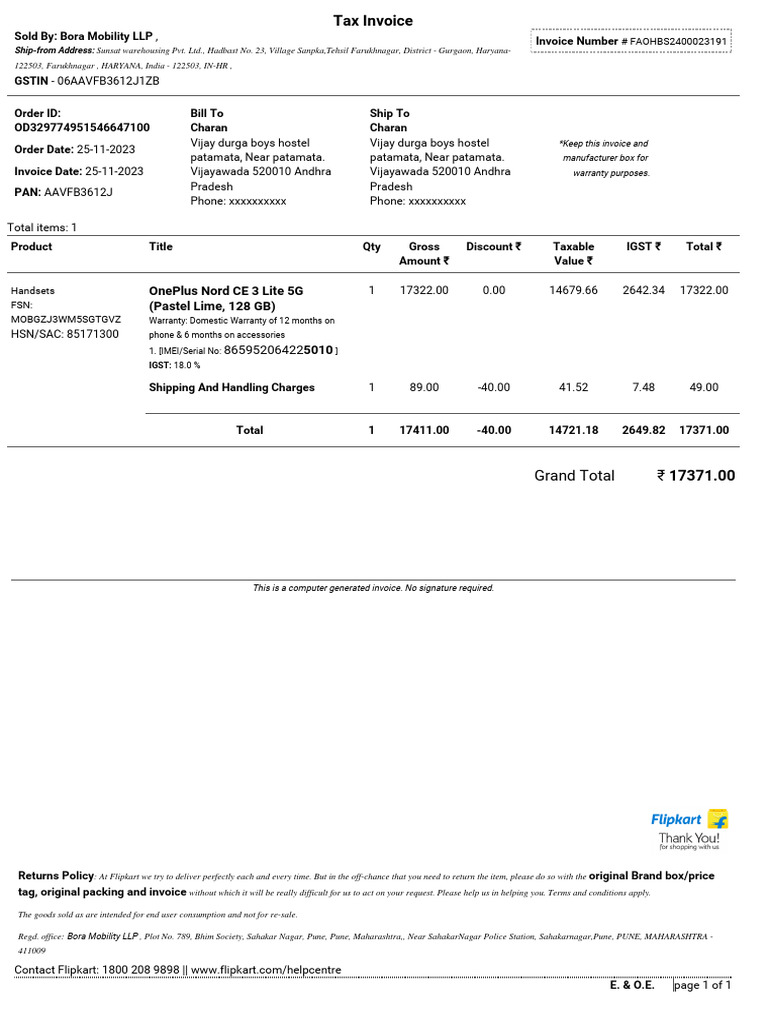 OnePlus Nord CE 3 Lite Invoice | PDF