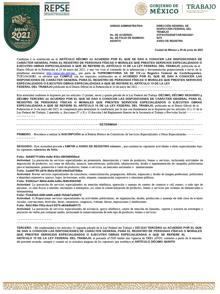 Aviso de Registro REPSE 2025 | PDF | Publicidad