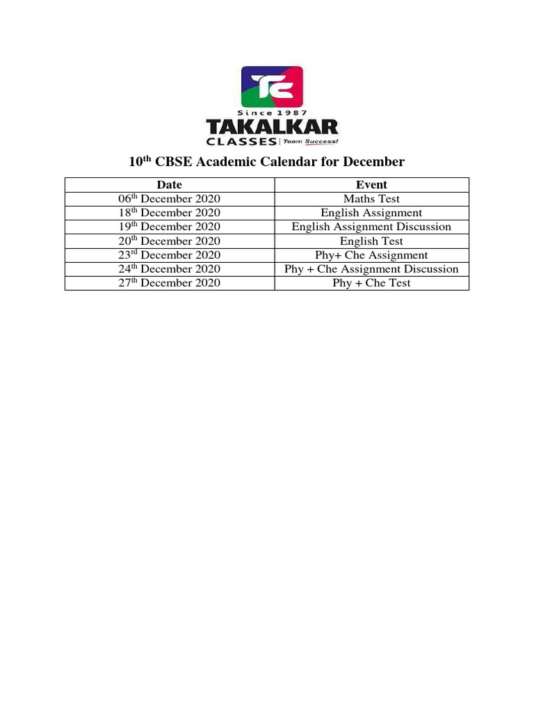 10th CBSE Academic Calendar For December PDF