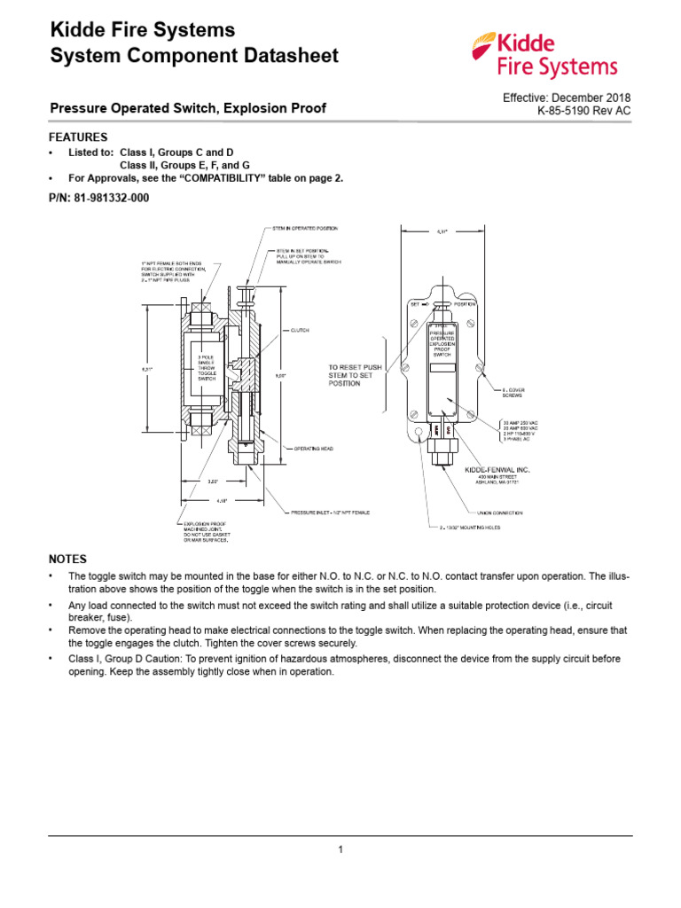 Kidde Pressure Operated SwitchExplosion Proof K855190 AC PDF Switch Electrical Components
