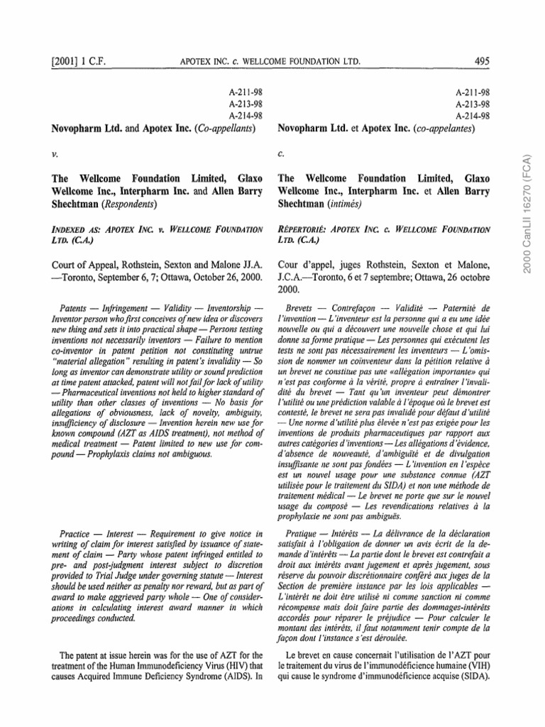 Patent Infringement Case: AZT Use | PDF