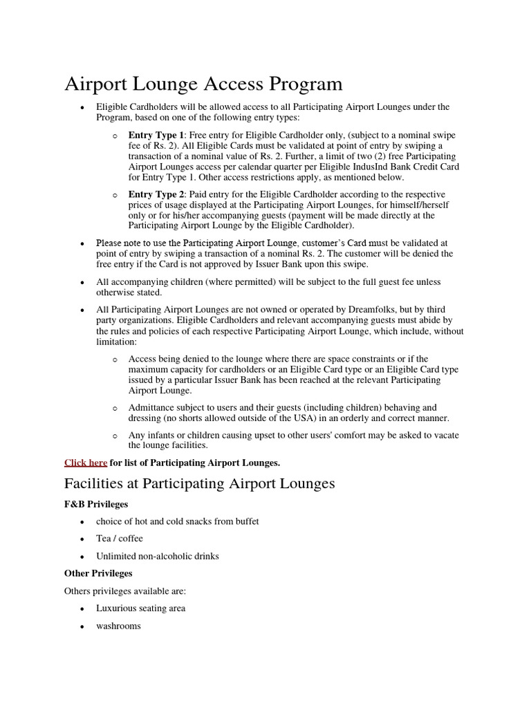 IndusInd Bank Airport Lounge Access Guide | PDF | Airport Lounge ...
