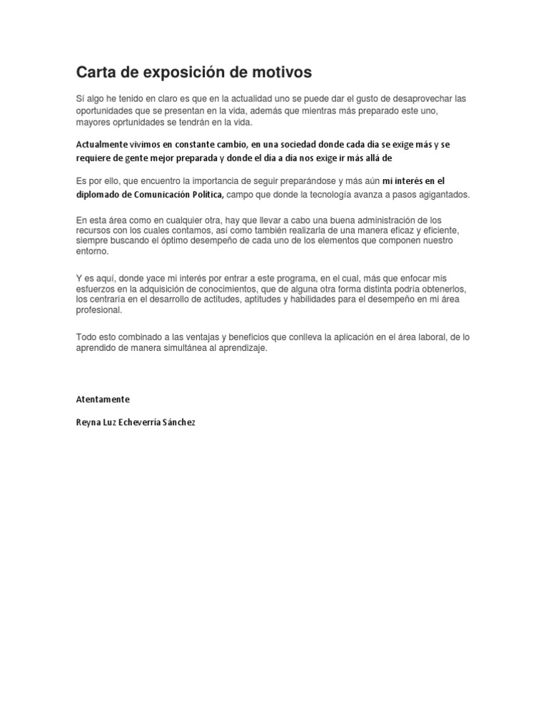 Carta de exposición de motivos diplomado