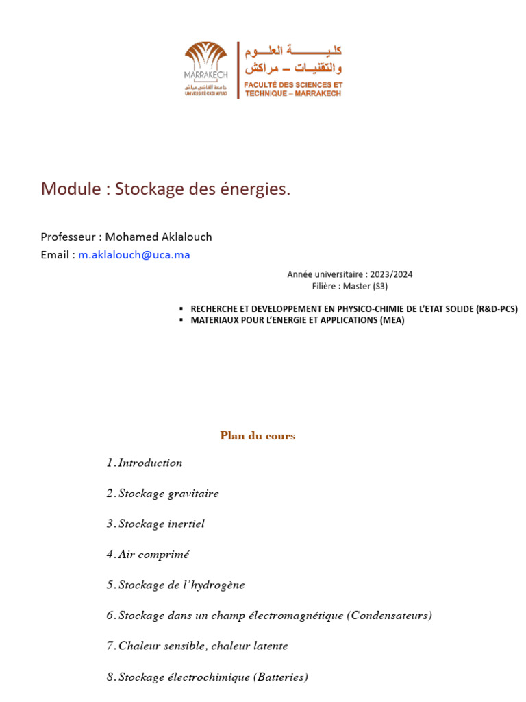 Chapitre 1 - Cours de Stockage Des Énergies | PDF
