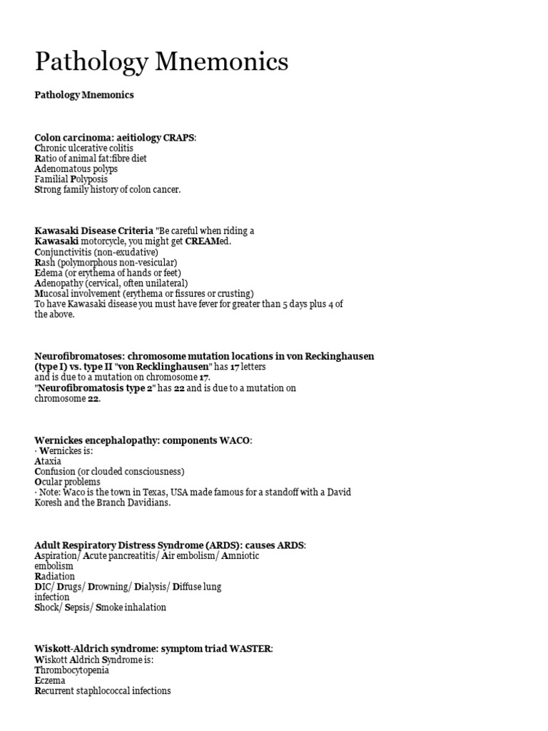 Pathology mnemonics pdf
