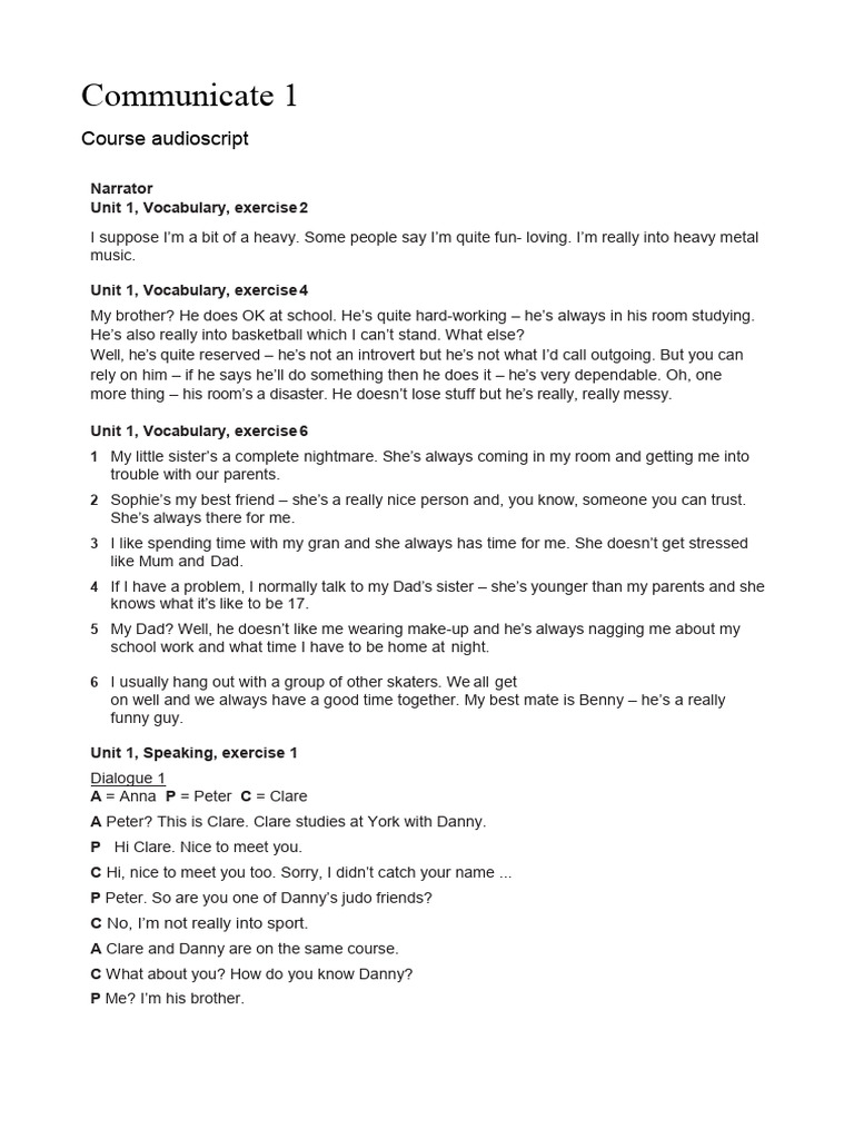 Coursebook Audioscript Unit 1 | PDF | Language Arts & Discipline