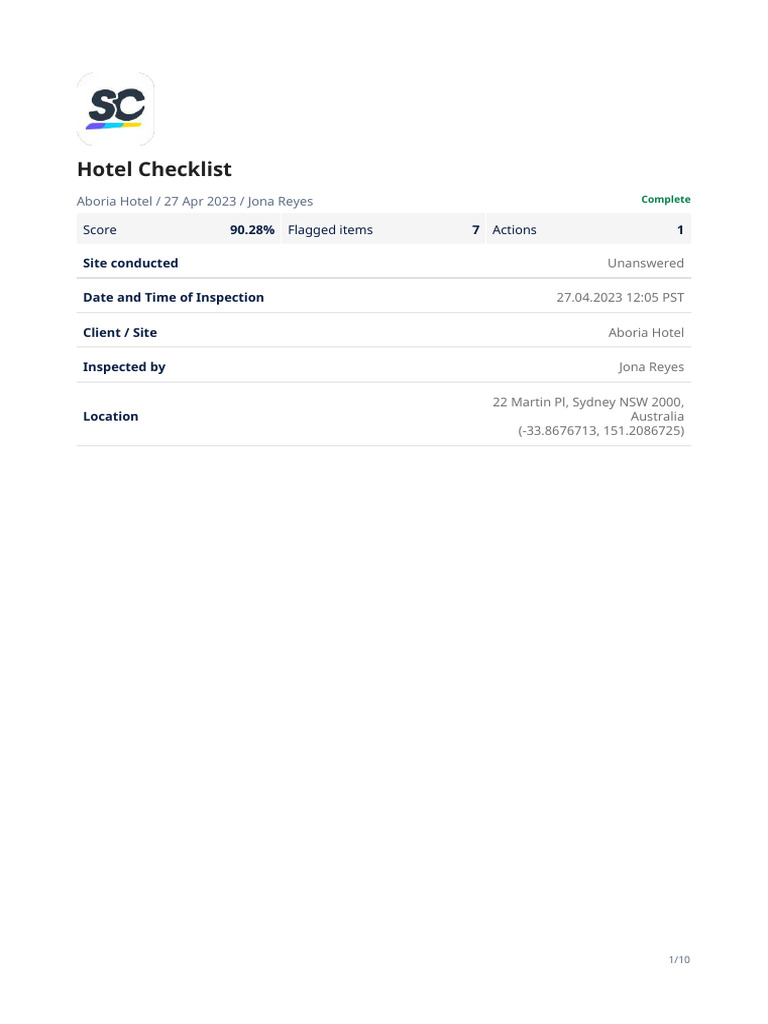 Hotel Checklist Sample Report | PDF