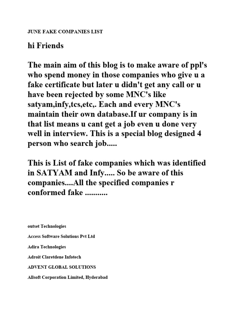June Fake Companies List 2023 PDF Bangalore Information Technology